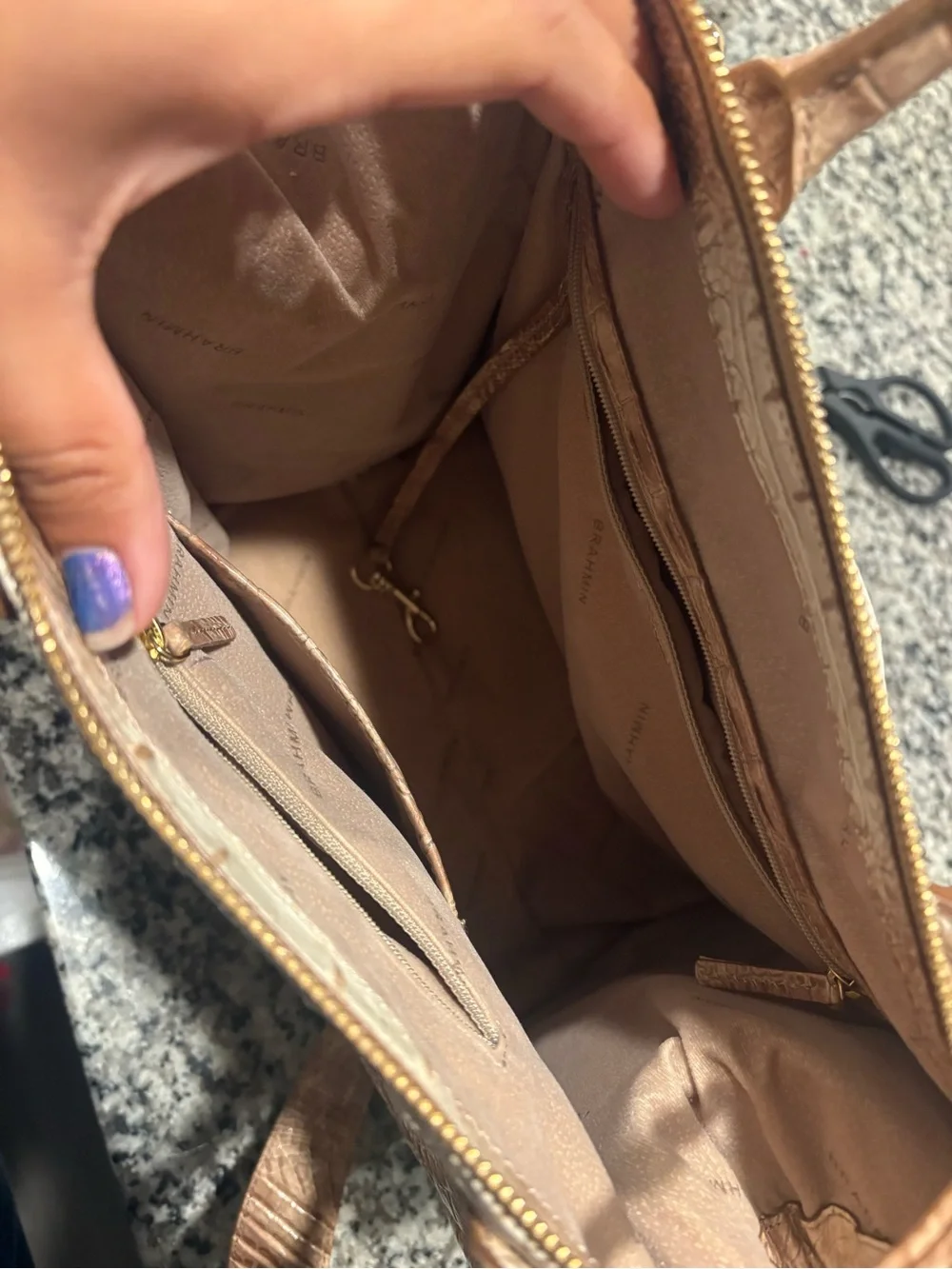 Brahmin Tan and Cream Croc-Embossed Satchel with Detachable Strap